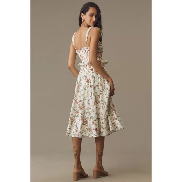 NWT Anthropologie Sleeveless Smocked-Waist Ruffled Midi Dress XL White Floral - Picture 2 of 10